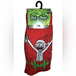Rick & Morty Crew Socks 2 Pair Men 6-12 Red Green w Pickle Rickmas Christmas NEW